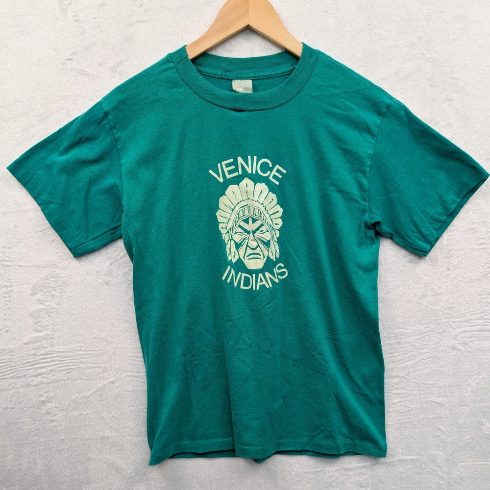 VTG T-Shirt Men's Medium Green Venice Indians Single Stitch Paper Thin USA 70s